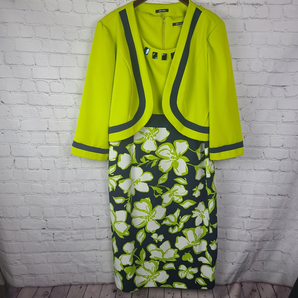 Allen Kay Green and Blue Floral Sleeveless Dress and Striped Bolero  Sz …